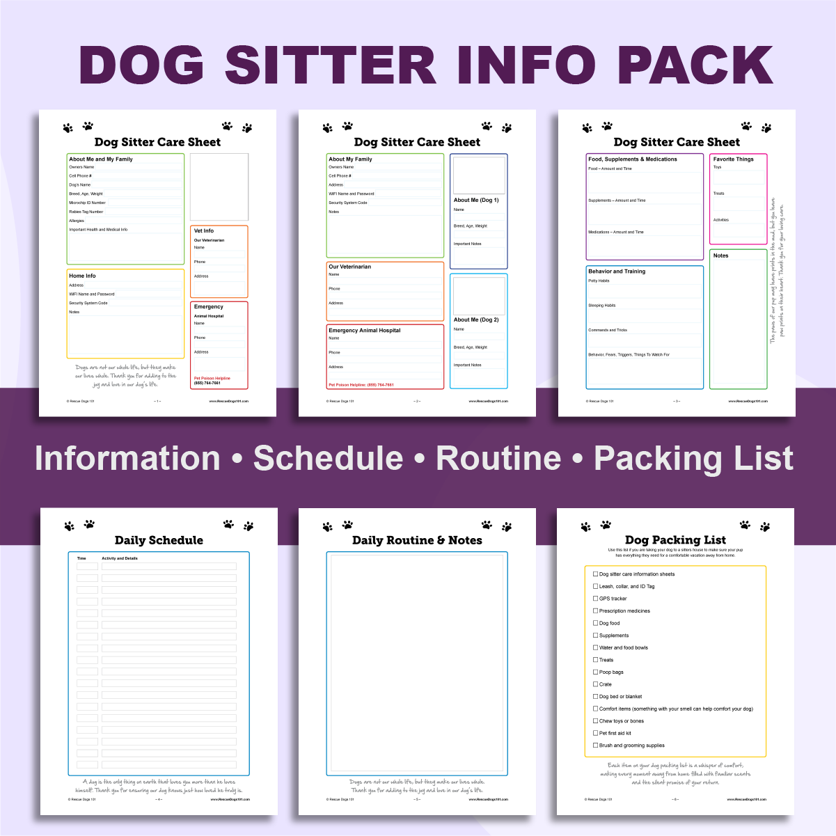 Dog sitter info pack with 6 pages, information, schedule, routine, packing list.
