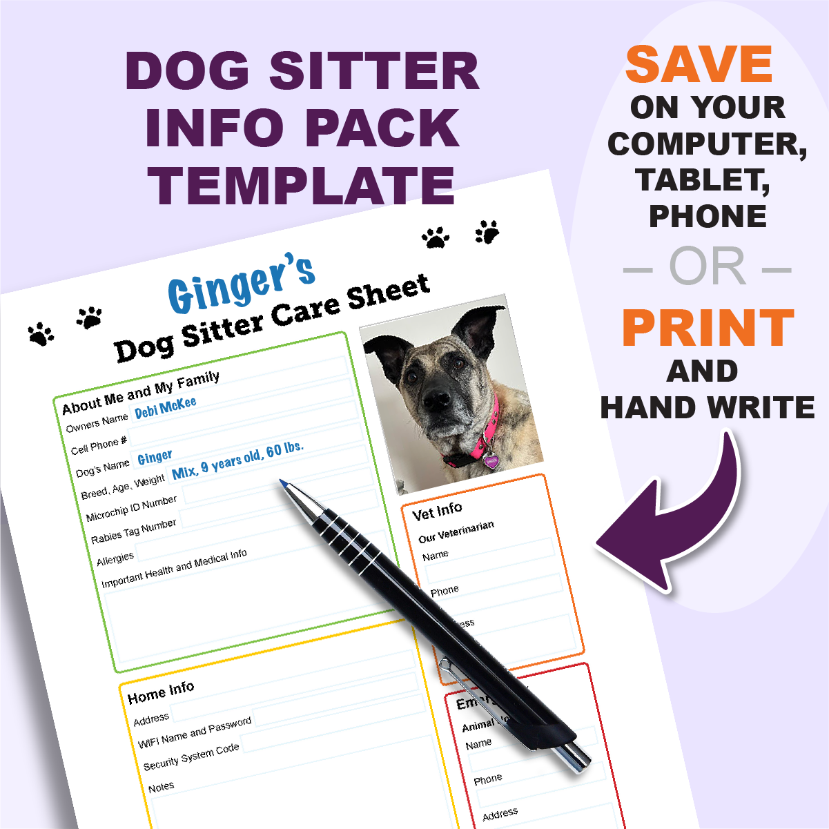 Dog sitter info pack template.