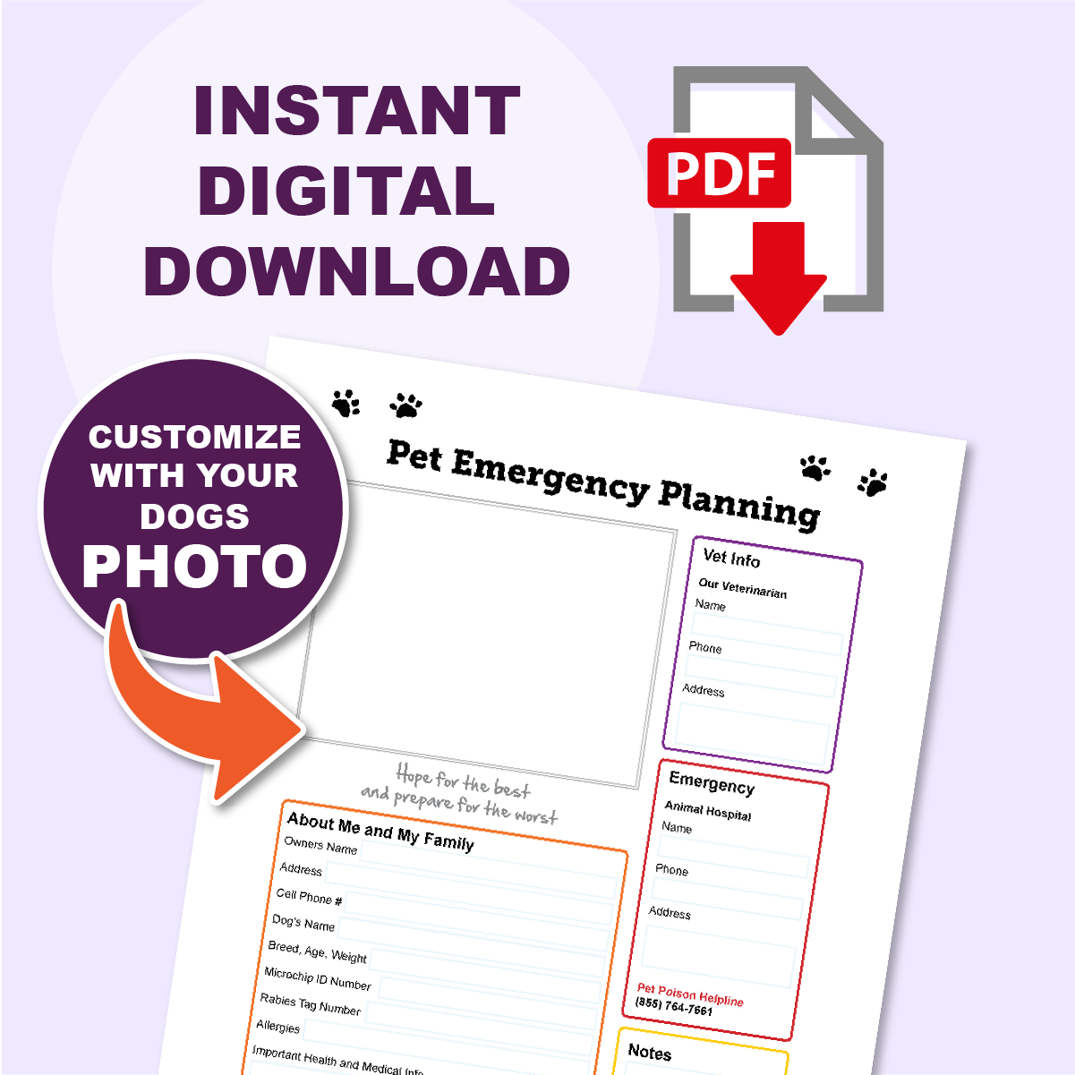 Pet Emergency Planning Page, Customize with your dogs photo. PDF Instant digital download.