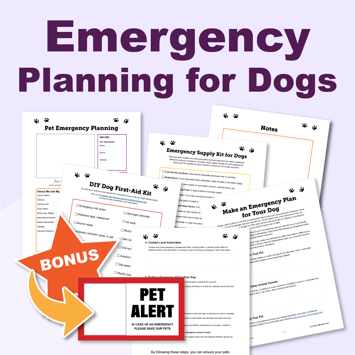 Emergency Planning for Dogs, 6 checklist and planning pages, with bonus star of pet alert sticker.