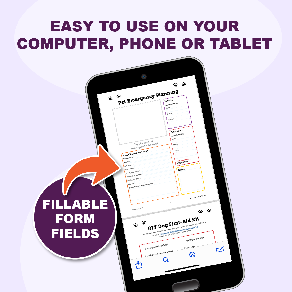 Pet Emergency Planning PDF with fillable form fields on phone, computer or tablet. 