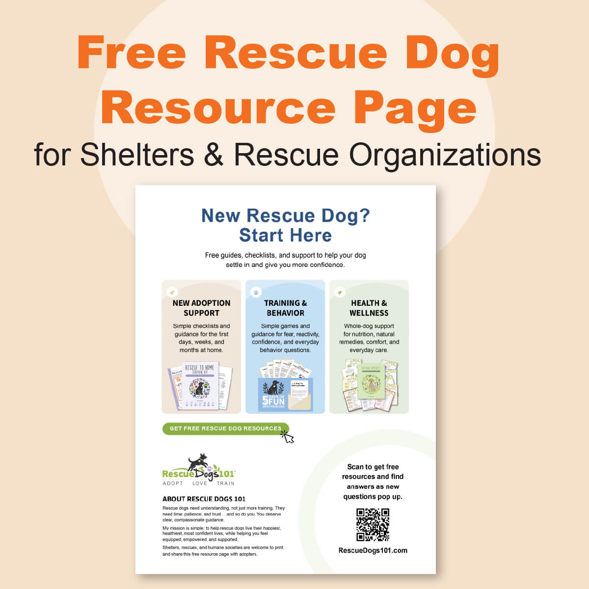 Free resource sheet, titled "New Rescue Dog? Start Here", with three columns of adoption, training, and health resources.