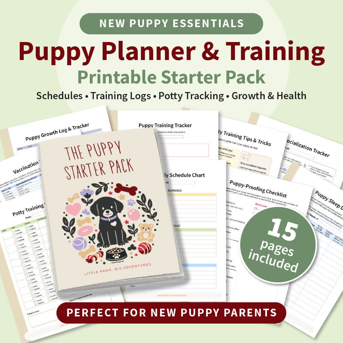 Puppy Planner & Training Printable Starter Pack with various sheets on a light green background