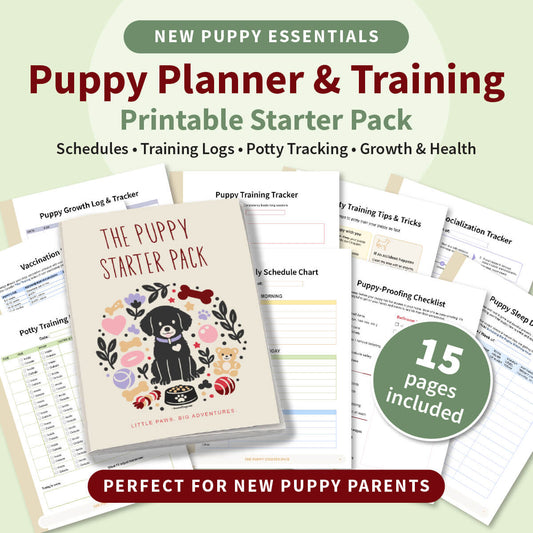 Puppy Planner & Training Printable Starter Pack with various sheets on a light green background