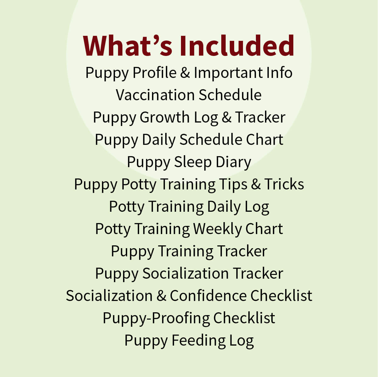 List of items included in a puppy care package on a light green background