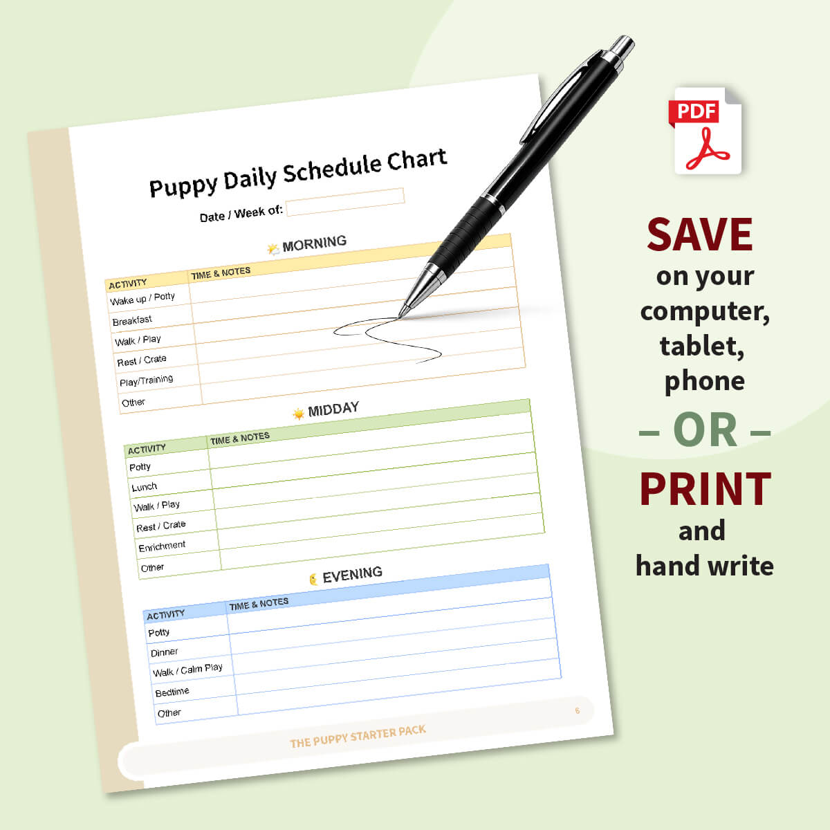 Puppy Daily Schedule Chart with a pen on a light green background