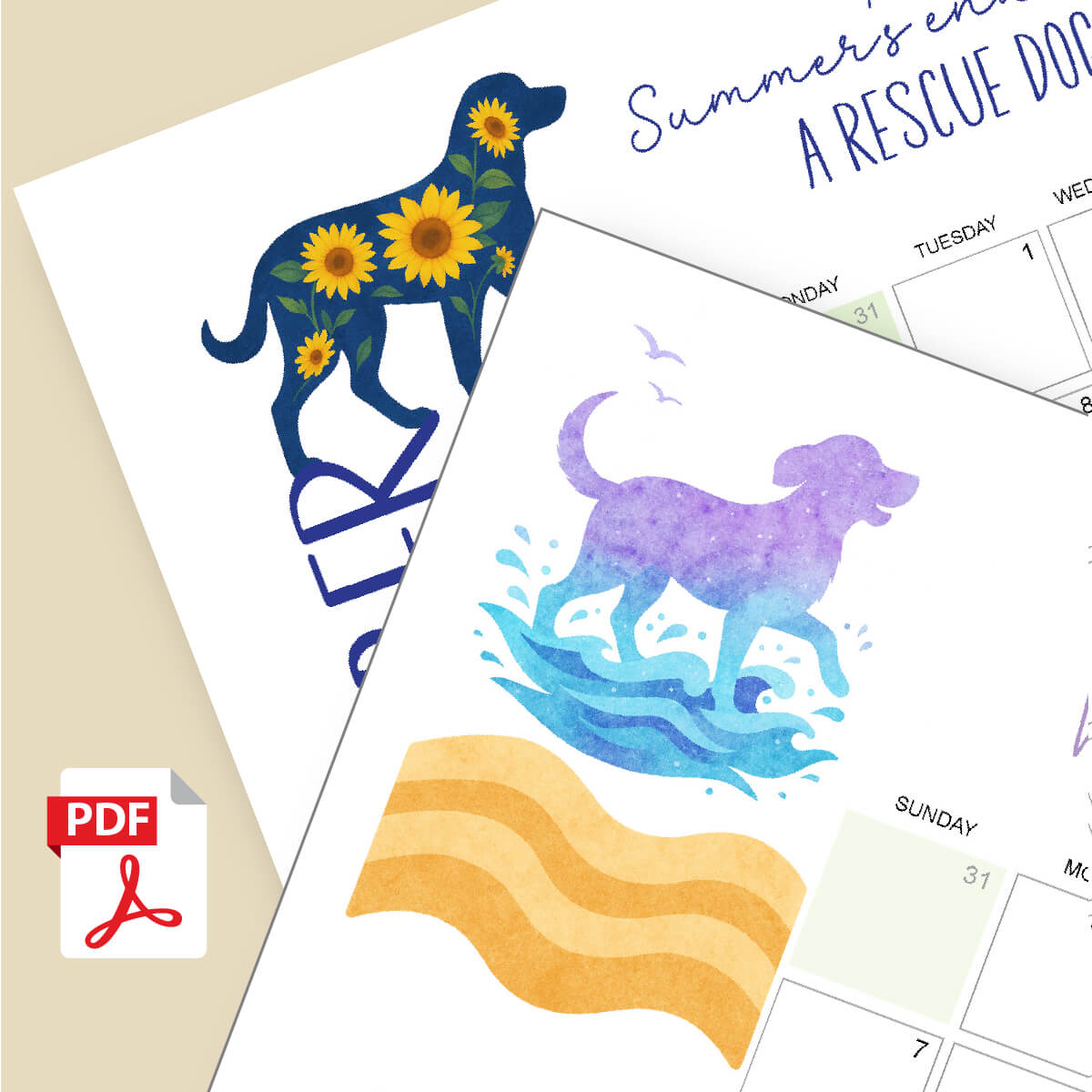 Colorful dog illustrations on a calendar with a PDF icon.
