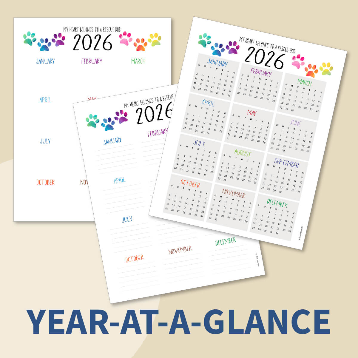 Three printable calendar pages for 2026 with colorful paw prints on a beige background.