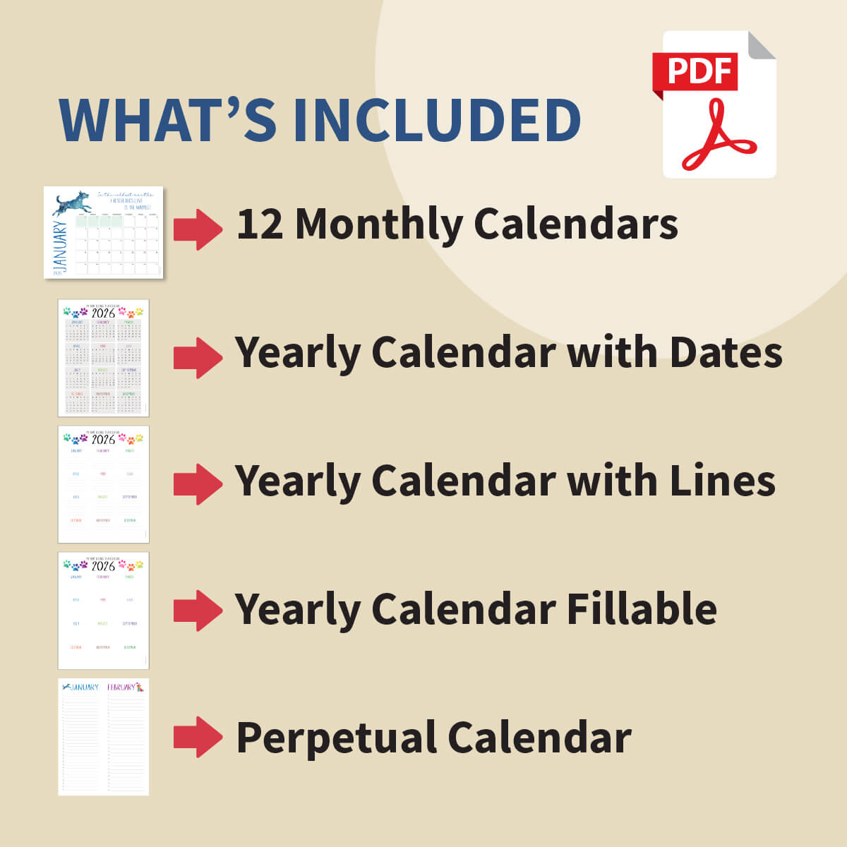 Promotional graphic for calendar products with text and icons on a beige background