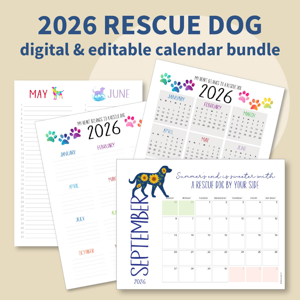 2026 Rescue Dog digital and editable calendar bundle on a beige background