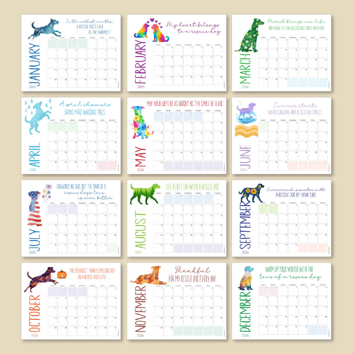 Set of 12 monthly calendars with dog-themed designs on a beige background