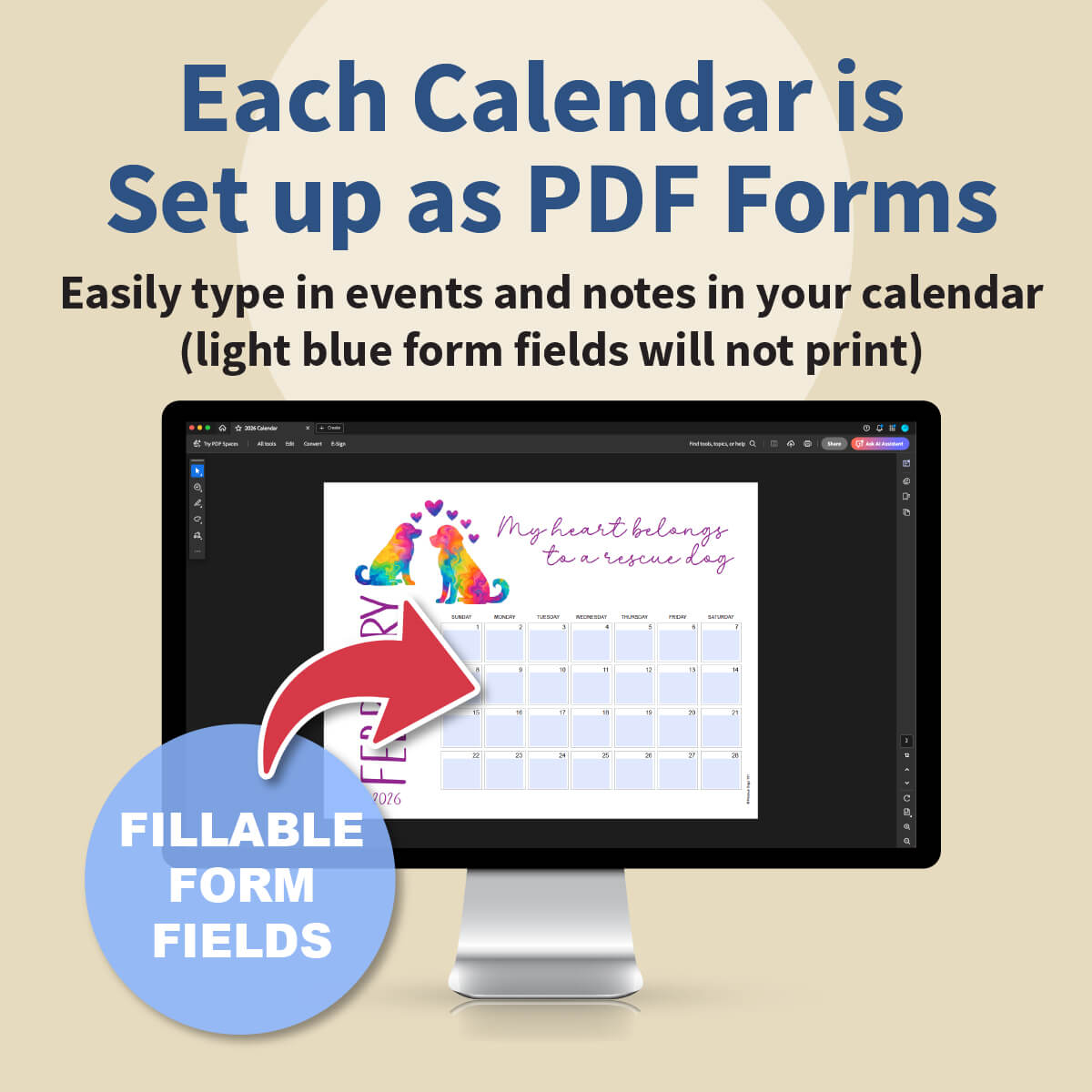 Computer screen displaying a calendar with fillable form fields on a beige background.