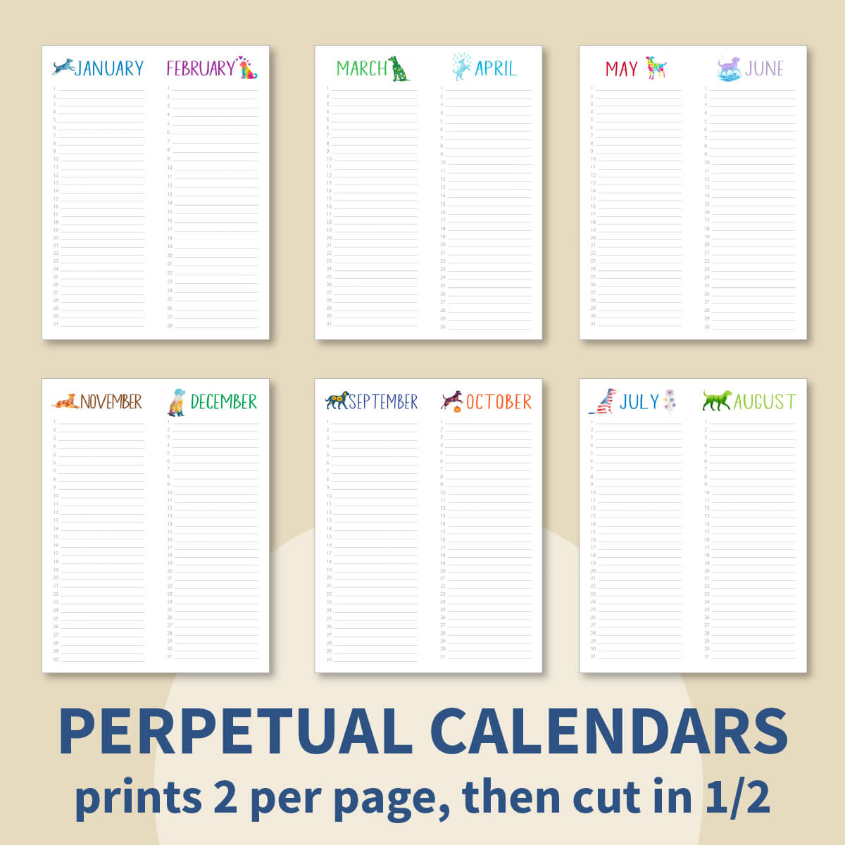 Set of perpetual calendars for each month on a beige background