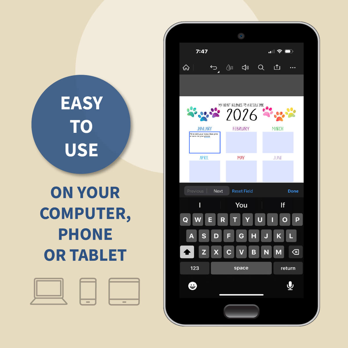 Smartphone displaying a calendar PDF with text 'Easy to use on your computer, phone or tablet' on a beige background.