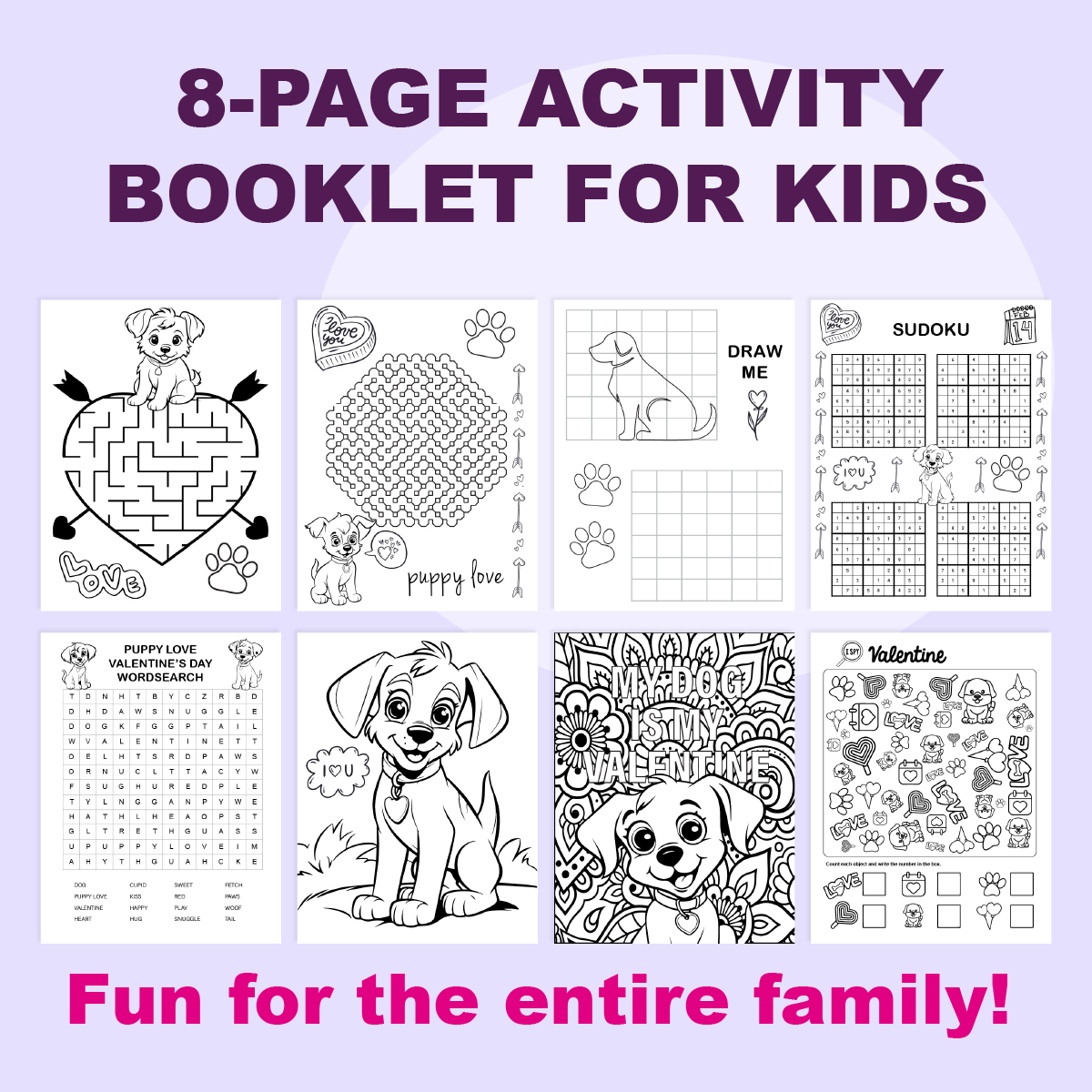 8 pages of Valentine Day activity pages for kids. 