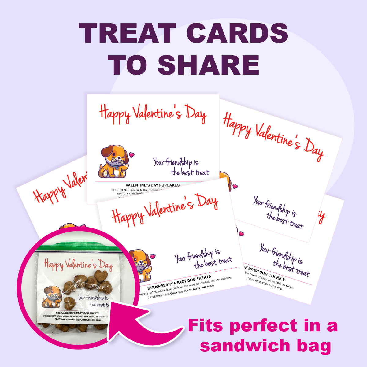 mock up of treat cards shown inside a sandwich baggy.