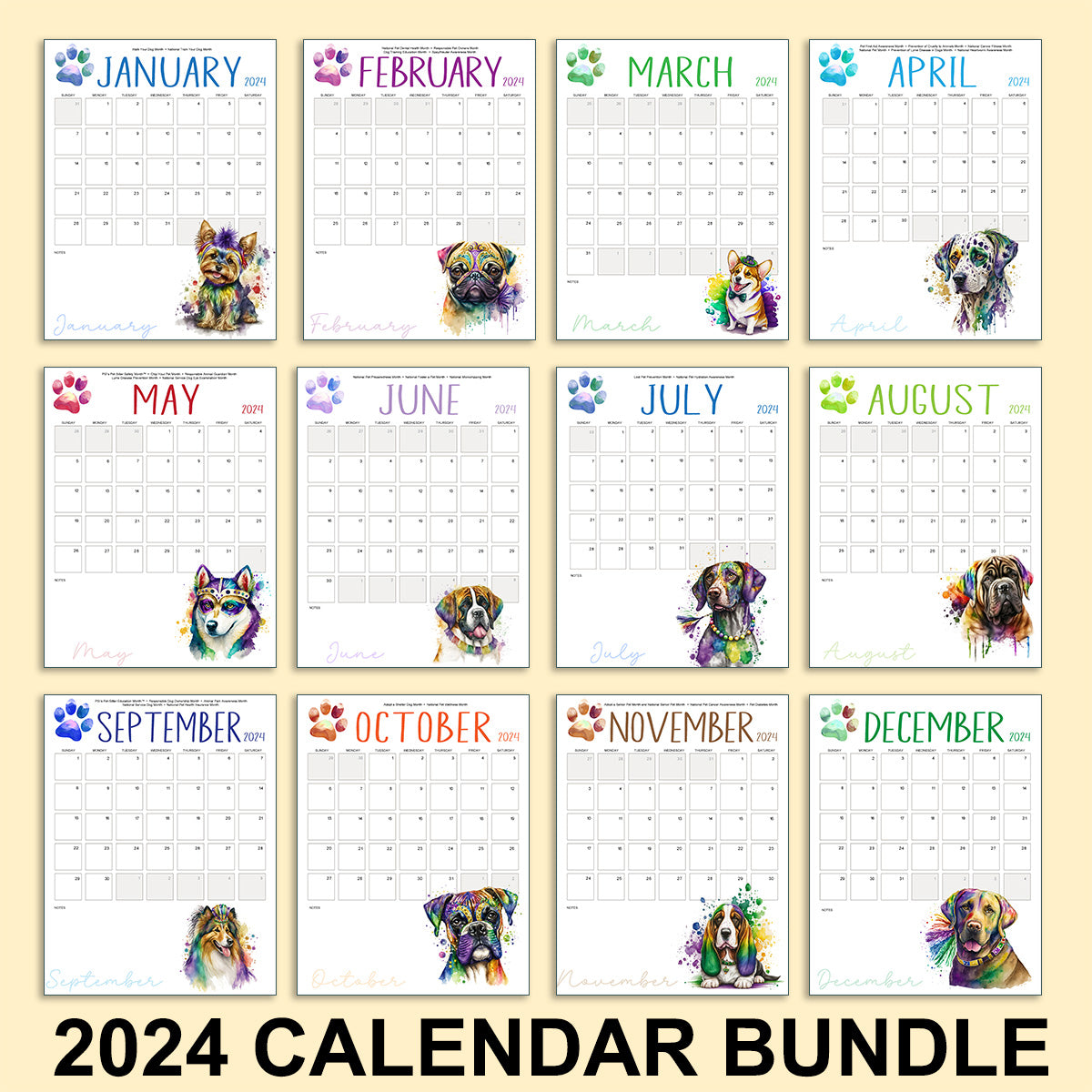 2024 Watercolor Dog Printable Calendar Bundle