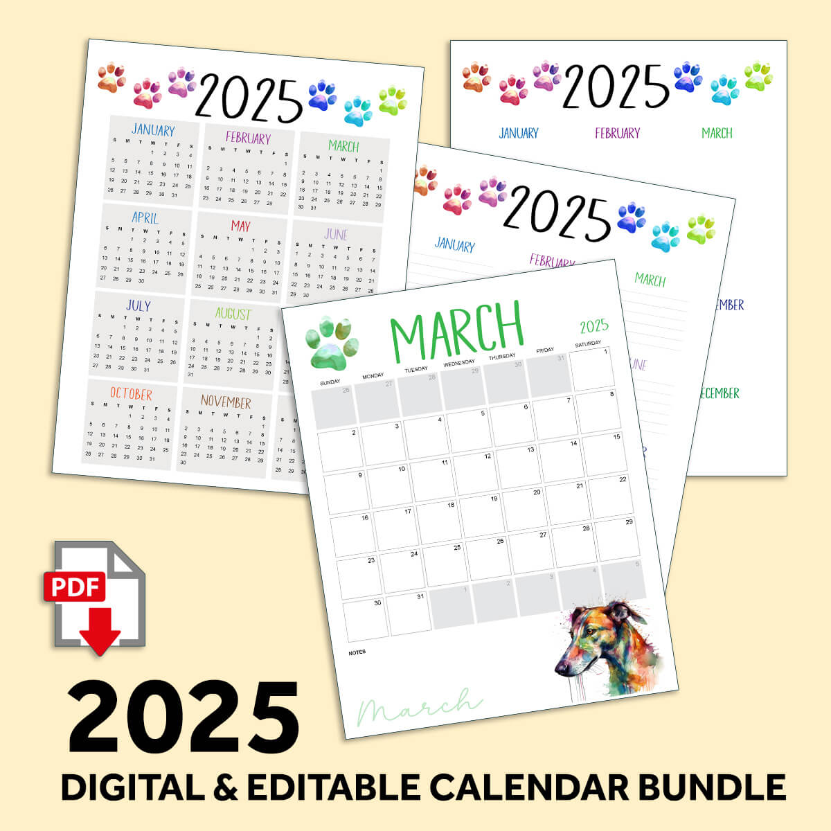 Four pages of 2025 calendars with colorful paw prints and a watercolor image of a dog.