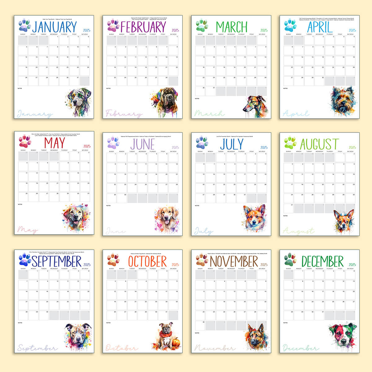 12 months of of 2025 calendar pages, each page with a colorful watercolor image of a dog.