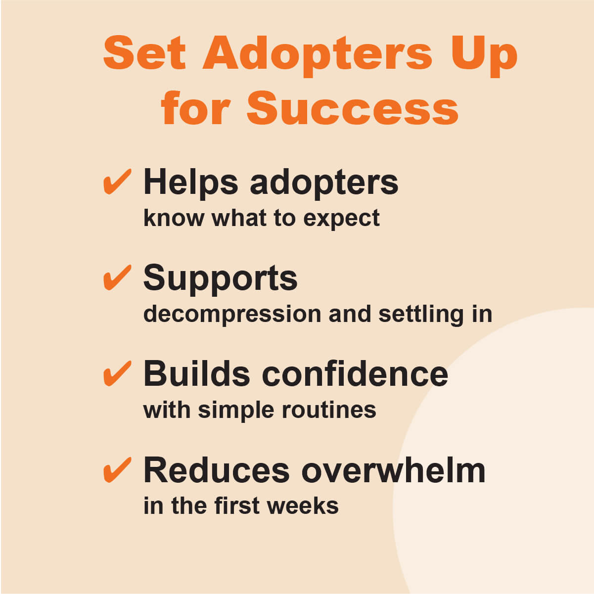 Text on a beige background about setting adopters up for success with checkmarks.