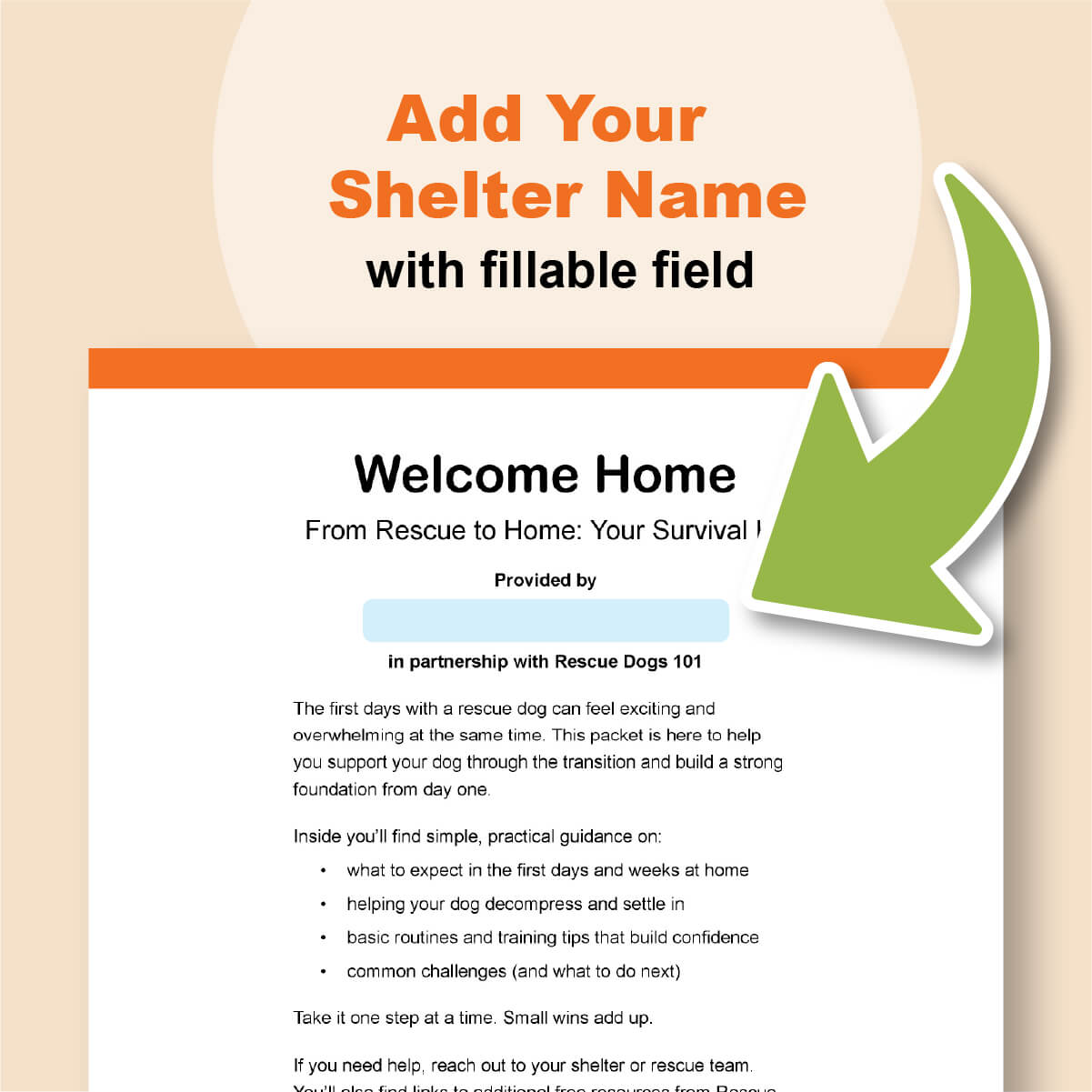 Document titled 'Welcome Home From Rescue to Home' with a green arrow on a beige background