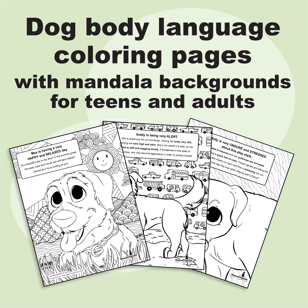 printable dog body language coloring pages with mandala backgrounds for teens and adults