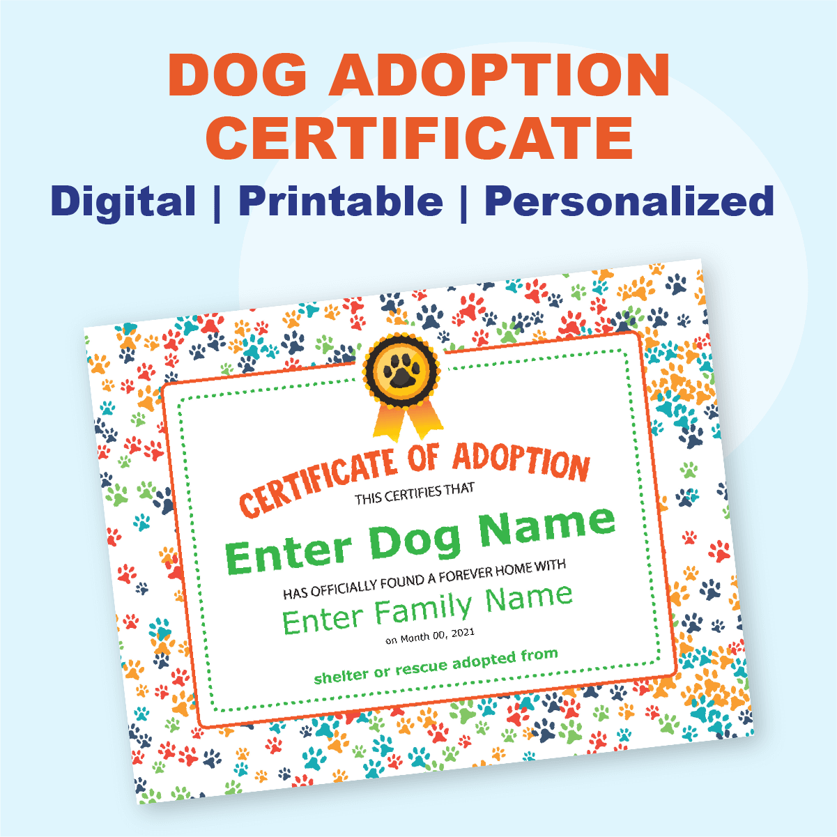 Dog Bright colored paw prints Adoption Certificate Printable Template