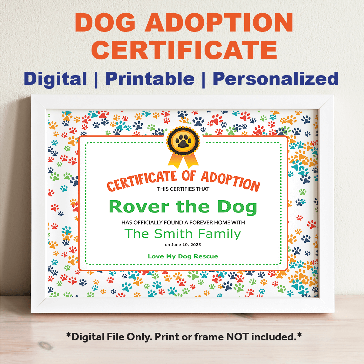 Custom Dog Adoption Certificate in a white frame