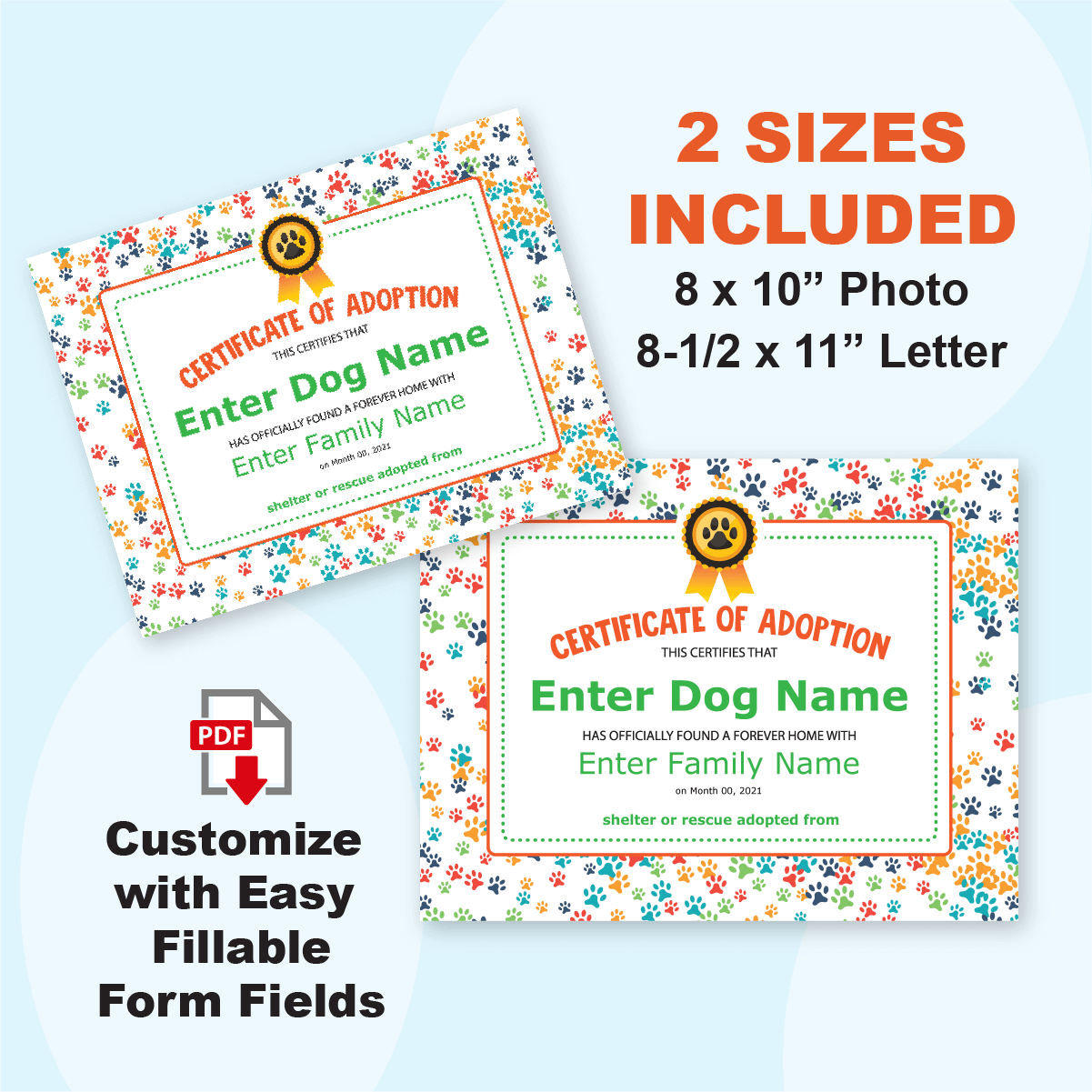 Dog Adoption Certificate Printable in two sizes, 8x10 and letter