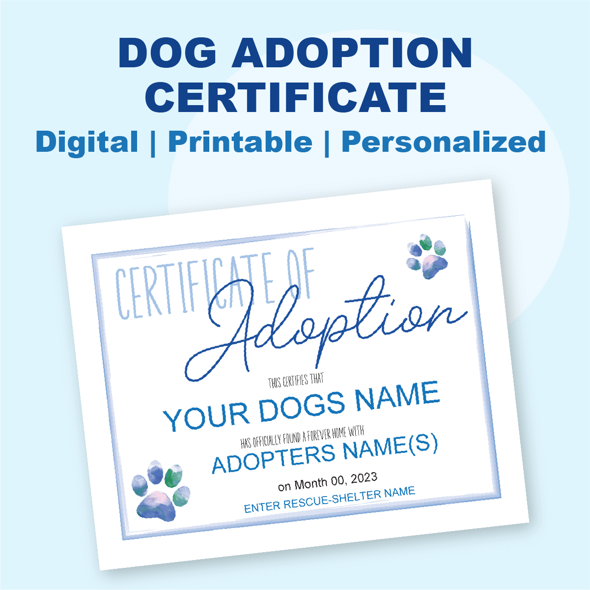 Blue Watercolor pawprints Dog Adoption Certificate Printable Template