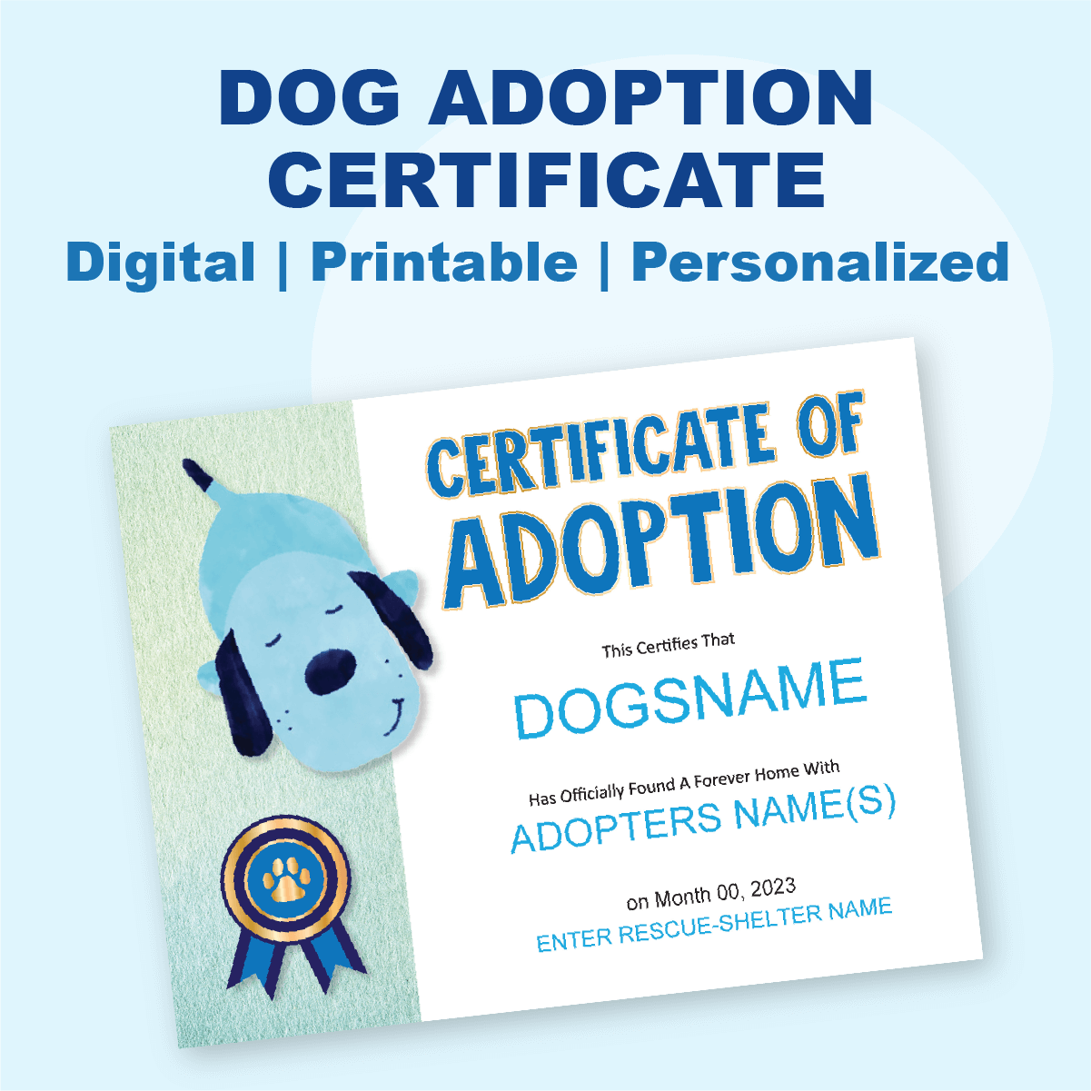 Blue Dog Adoption Certificate Printable Template