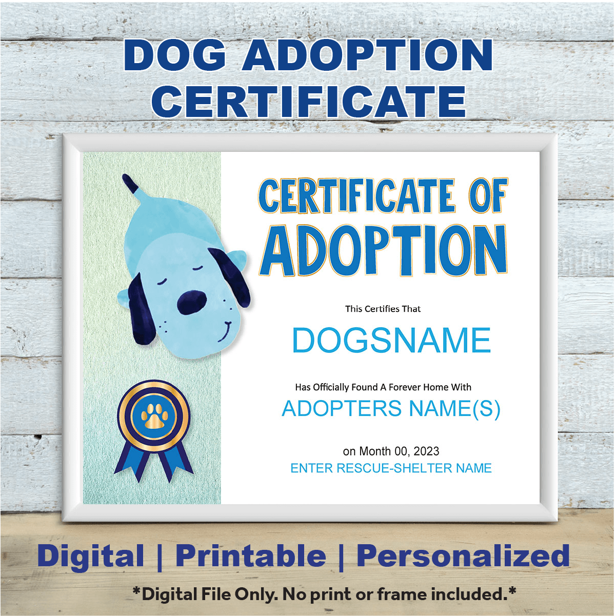 Custom Dog Adoption Certificate in a white frame