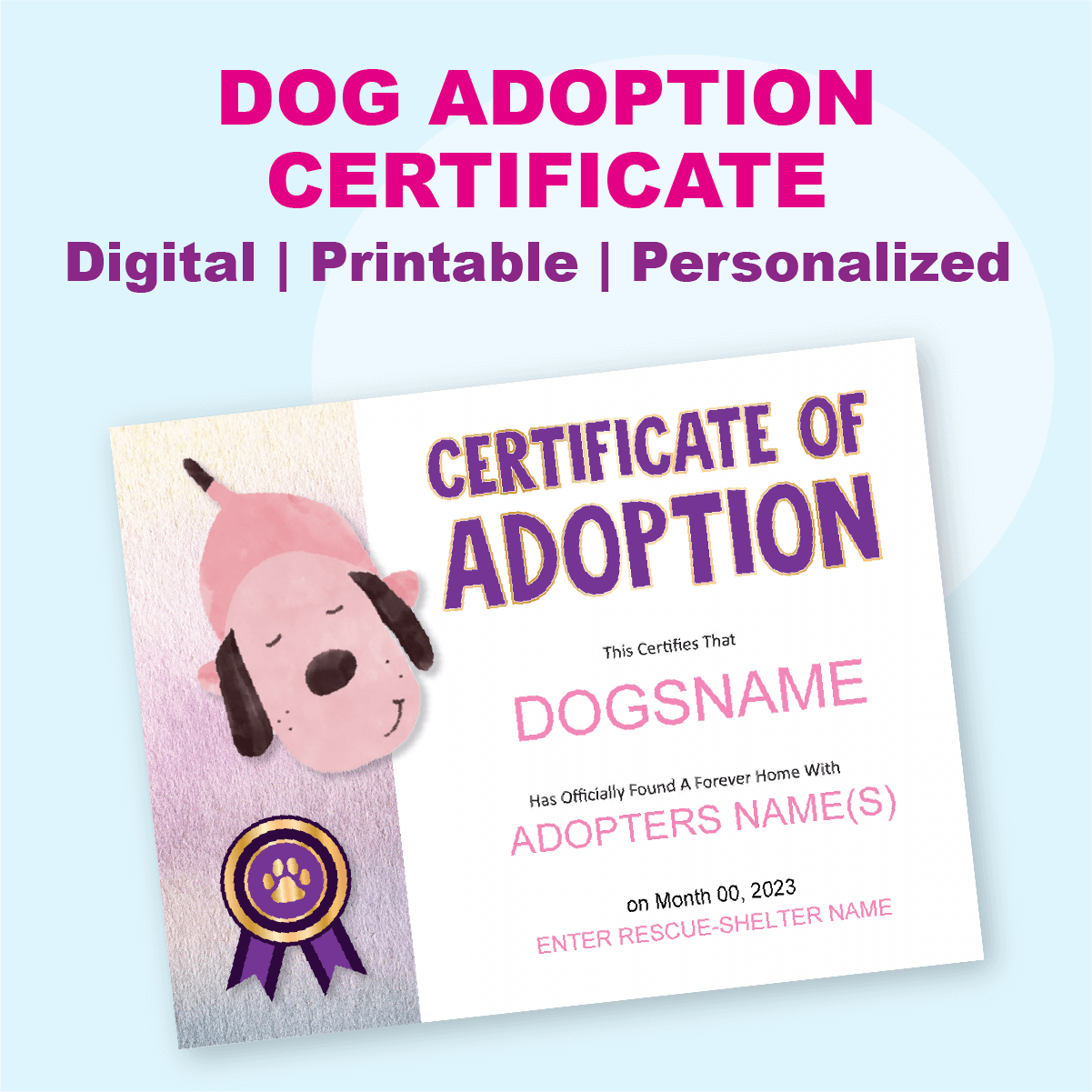 Pink and Purple Dog Adoption Certificate Printable Template