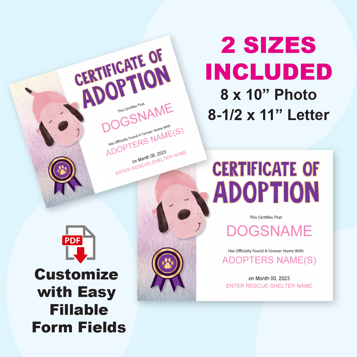 Dog Adoption Certificate Printable in two sizes, 8x10 and letter