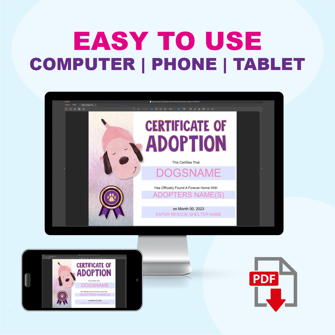 Personalized Dog Adoption Certificate Printable Template - PINK Puppy ...