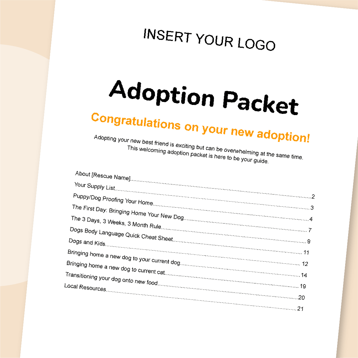 dog adoption packet table of contents
