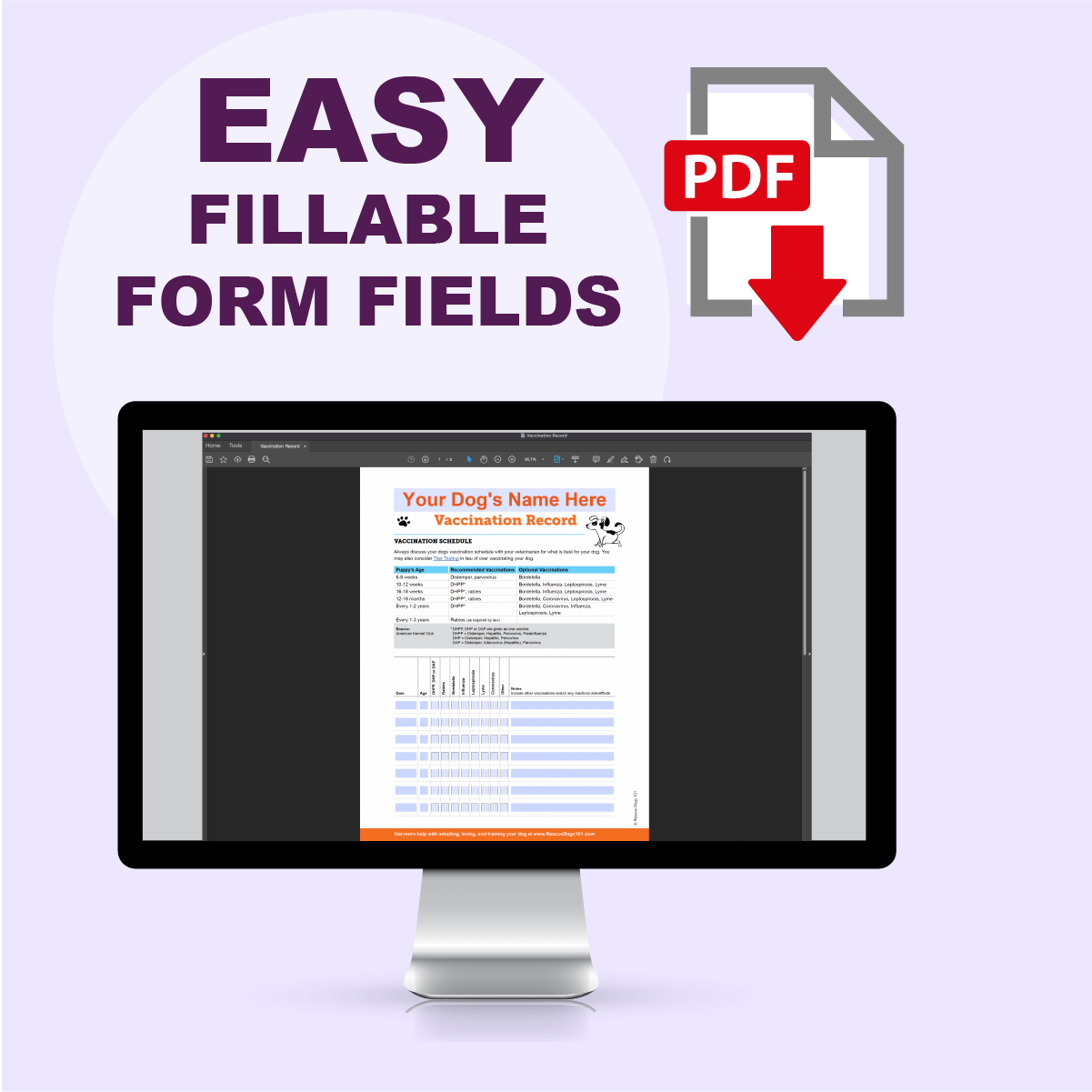 Puppy Vaccination Schedule & Record PDF with easy fillable form fields